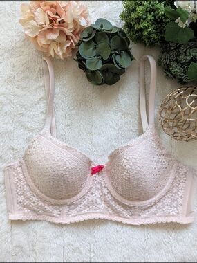 Victoria's Secret Pale Pink Lace Underwire Bra with Hot Pink Bow